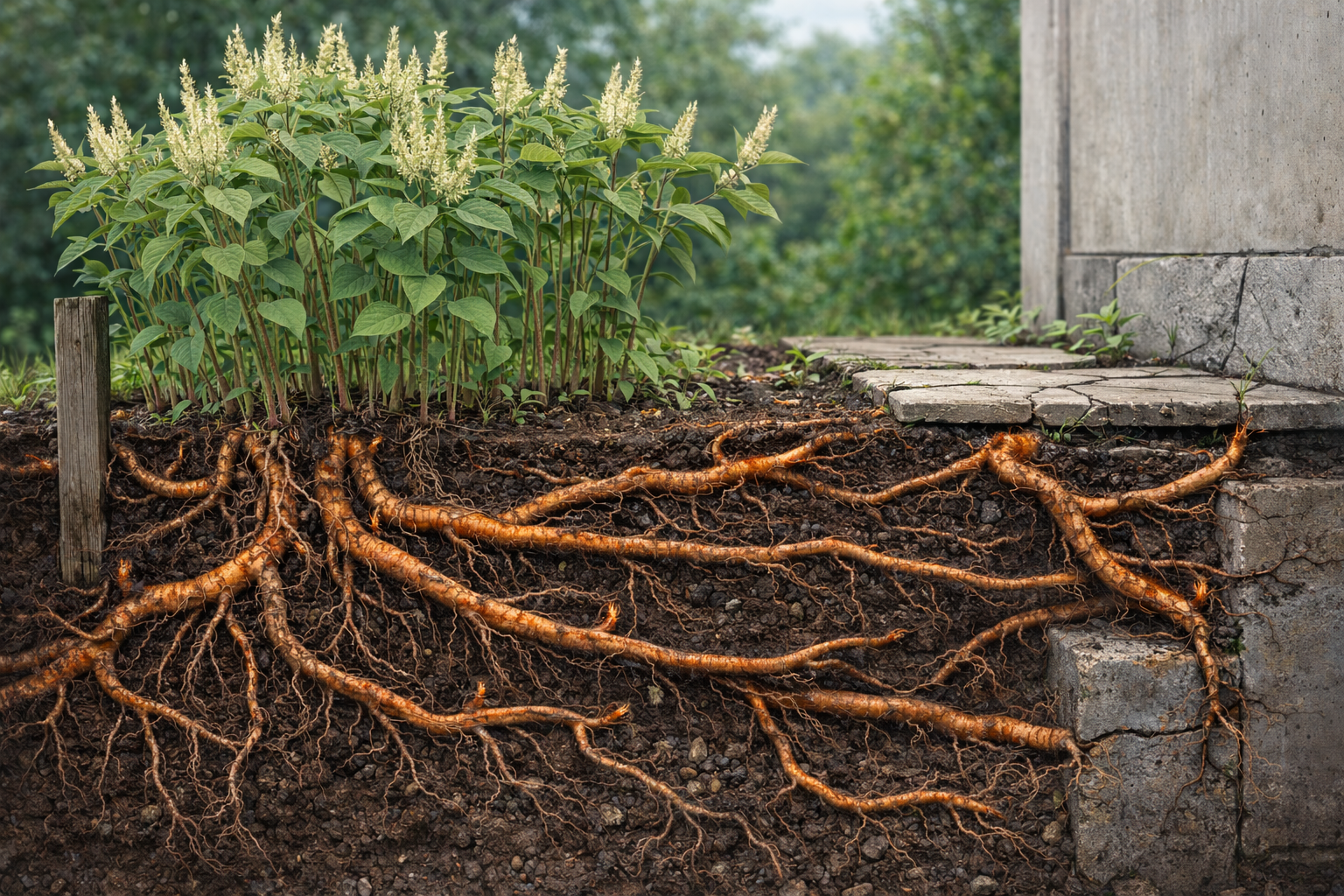 Japanese Knotweed Rhizomes depicted traversing underground and breaking slabs