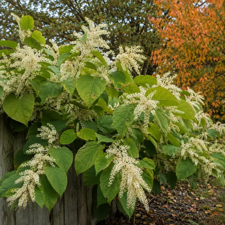 Japanese knotweed with creamy white flower clusters and broad green leaves during early autumn.