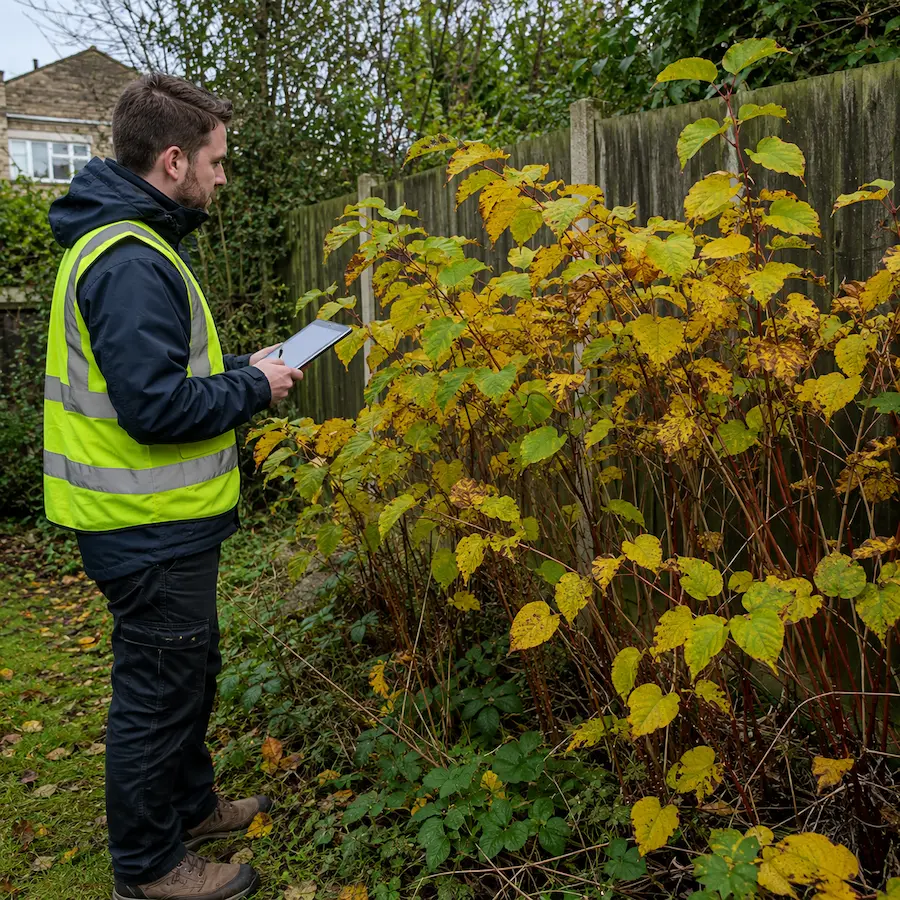 Professional surveying Japanese knotweed in a residential garden during autumn as the leaves begin to turn yellow.