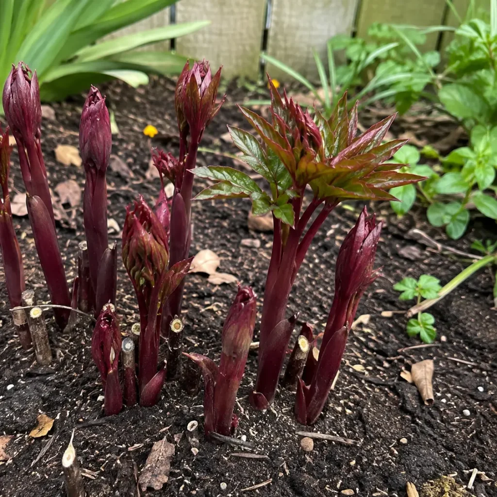 Purple peony shoots emerging from dark soil in a garden bed, with burgundy stems and new red-green leaves.