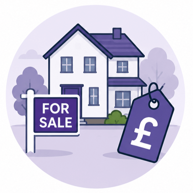 Property with a for-sale sign and valuation tag representing future saleability and marketability considerations for lenders and buyers.