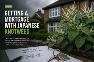 Mortgage application documents and house keys beside Japanese knotweed growing near a residential property, representing the impact of invasive plants on mortgage approval and property lending.