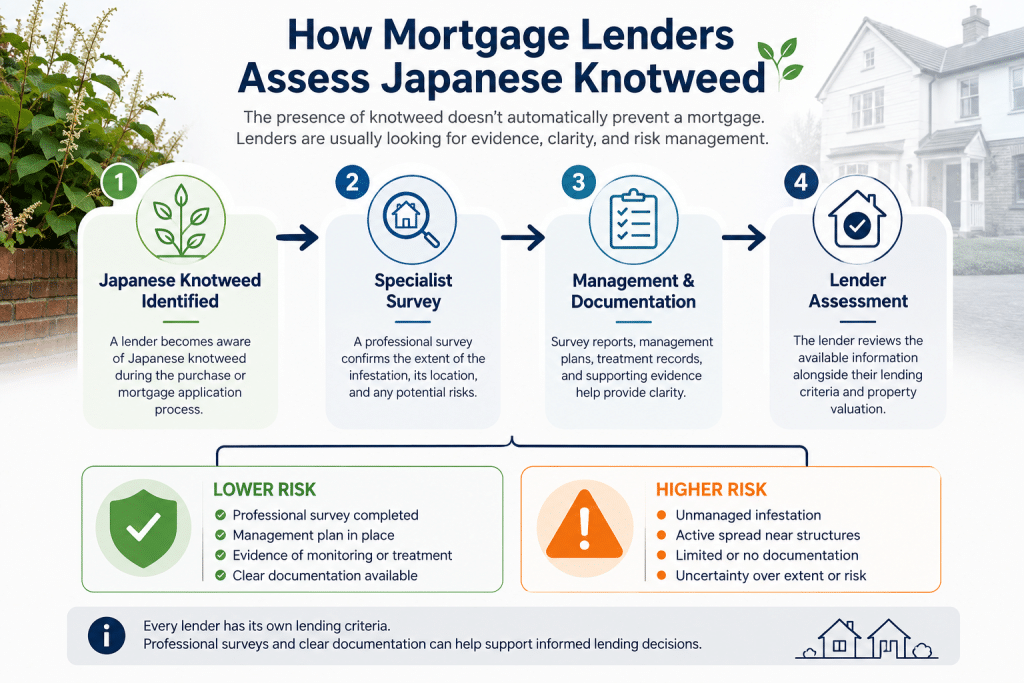 Infographic showing the process mortgage lenders use to assess Japanese knotweed risk during a property purchase.