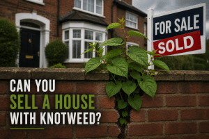 Knotweed growing through a crack in a brick wall beside a 'For Sale' sign; headline asks, 'Can you sell a house with knotweed?'