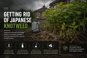 Japanese knotweed regrowing from cut stems beside a garden sprayer, illustrating the difficulty of removing invasive plants and the risks of incomplete treatment.