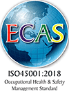 ECAS ISO 45001:2018 certification badge for Occupational Health and Safety Management.
