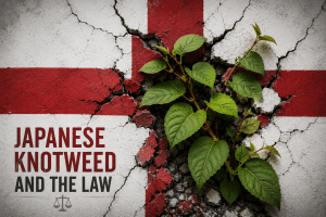 Concept image of Japanese knotweed breaking through a cracked English flag wall representing legal and property disputes.