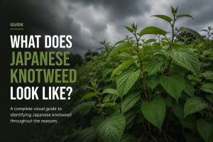 Dense stand of Japanese knotweed under dark storm clouds, showing tall stems and heart-shaped leaves in a moody editorial-style guide image about plant identification.