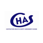 CHAS logo: Contractors Health & Safety Assessment Scheme in blue on white, with a curved swoosh around the letters CHAS.