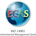 ECAS logo on a blue globe with colorful letters, followed by text reading "ISO 14001 Environmental Management System".