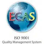 ECAS ISO 9001 Quality Management System certification badge featuring a blue globe on white background