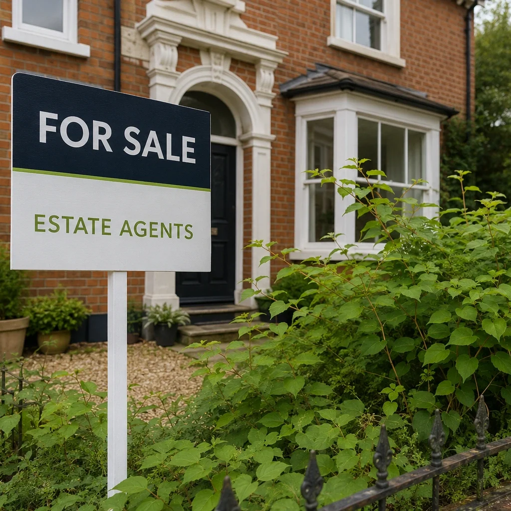 A house with a 'For Sale' sign outside, and Japanese Knotweed