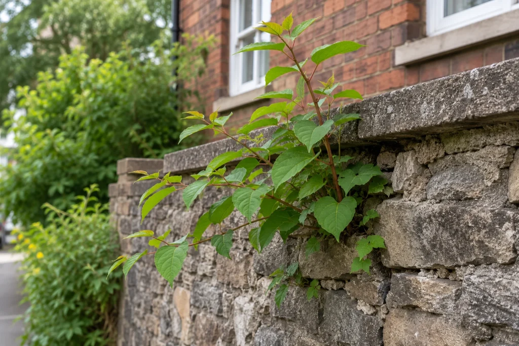 Green plant with broad leaves growing from a crevice in a rough stone wall near a brick house windowed facade.