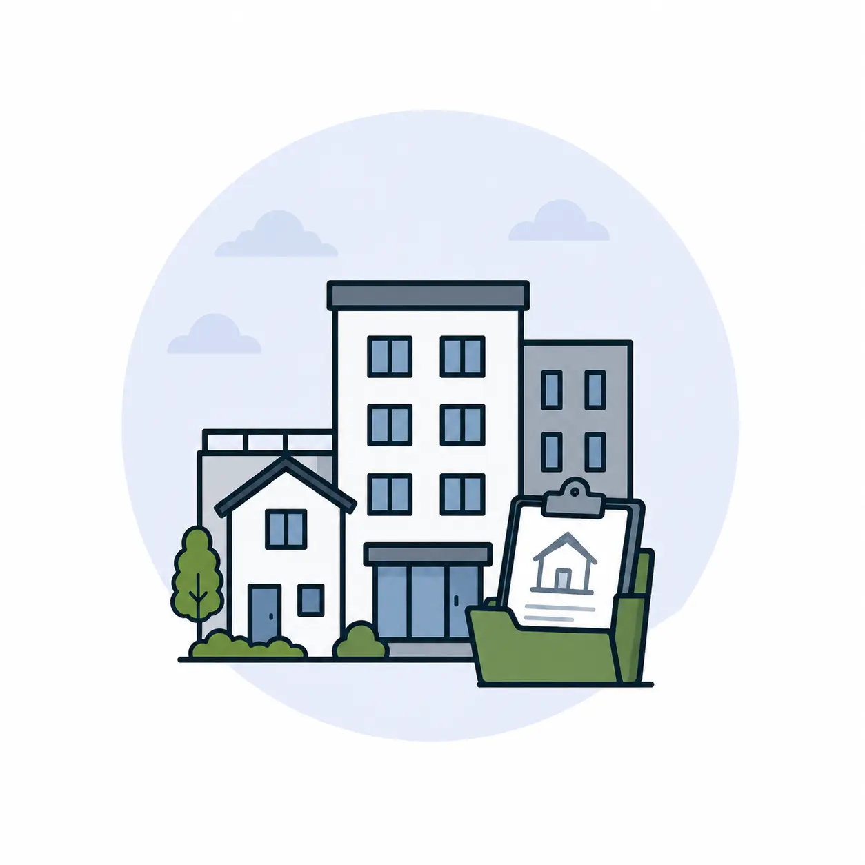 Property Companies and Land Remediation Relief - Japanese Knotweed Expert - Japanese Knotweed Expert Illustration of a commercial development site with buildings, a crane and construction hard hat.