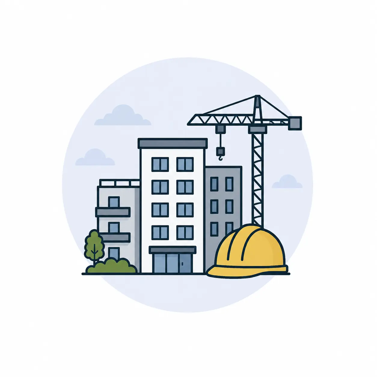Property Developers and Land Remediation Relief - Japanese Knotweed Expert - Japanese Knotweed Expert Illustration of a commercial development site with buildings, a crane and construction hard hat.