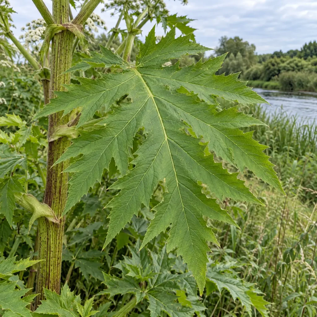 Close-up of a large, lobed grapevine leaf with serrated edges on a woody stem by a river in the background.