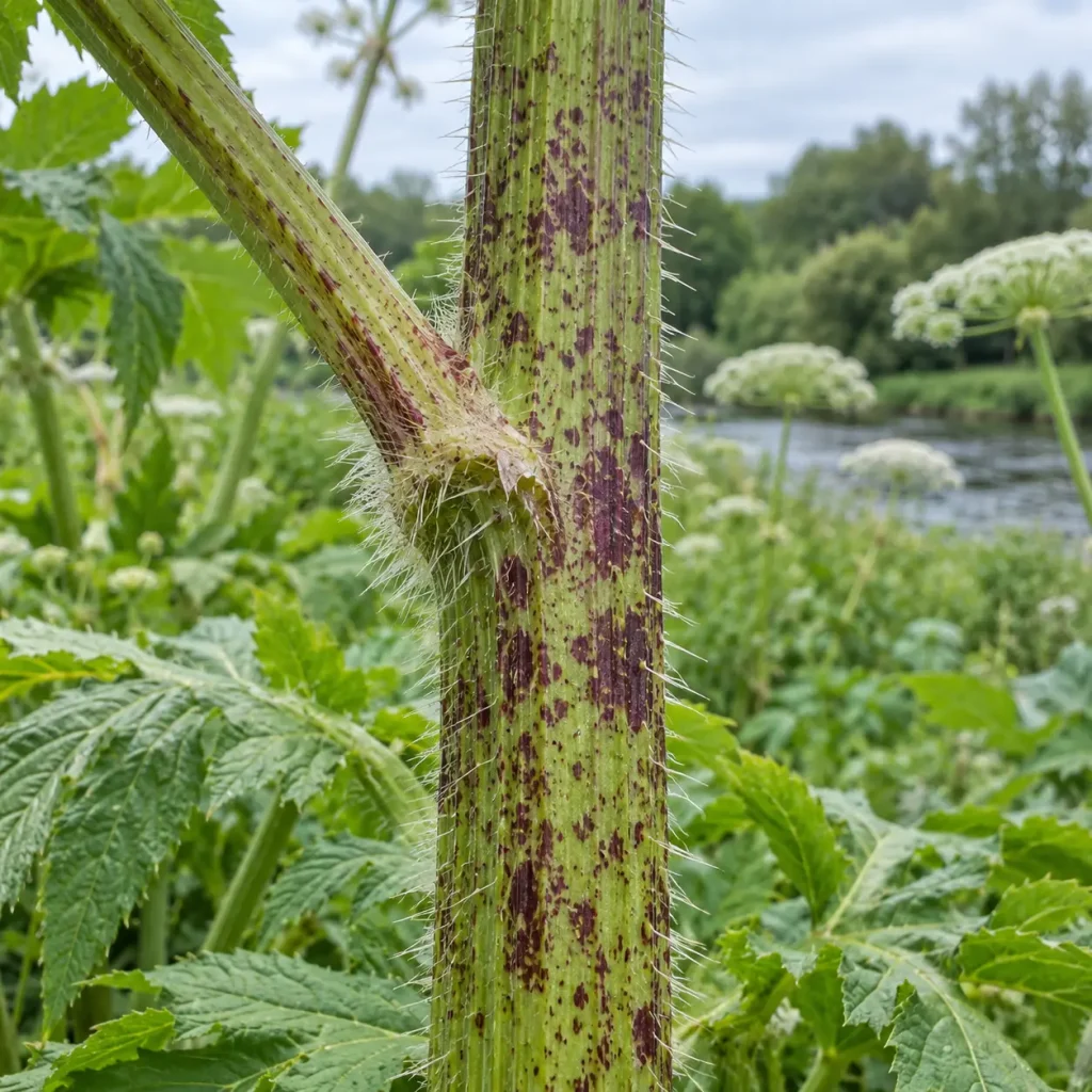 Close-up of a green, spiny nettle stem with purple spots and long hairs; leafy plants and a river in the background.