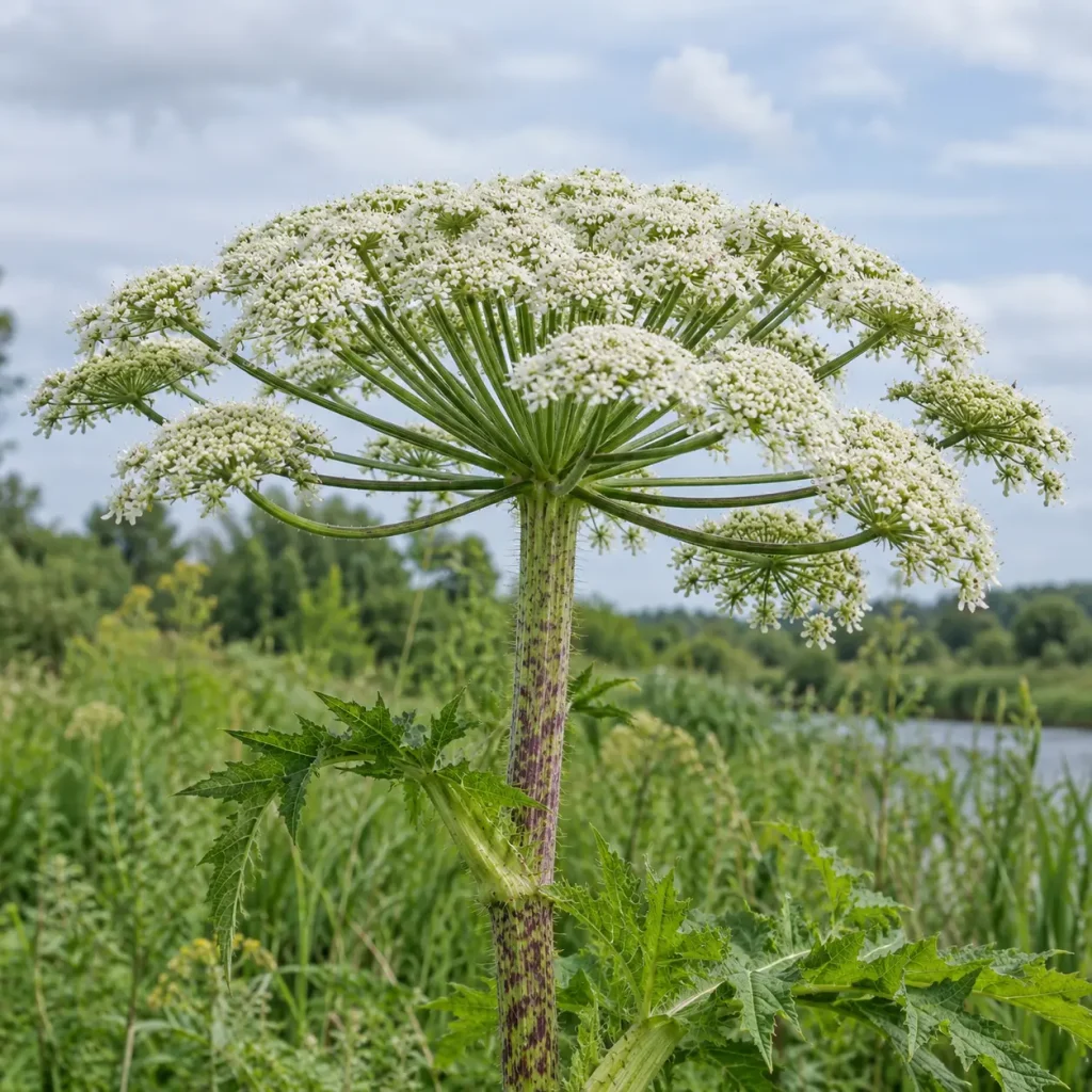 Tall plant with a broad white umbrella-shaped cluster of tiny flowers atop a purple-speckled stem in a grassy field.