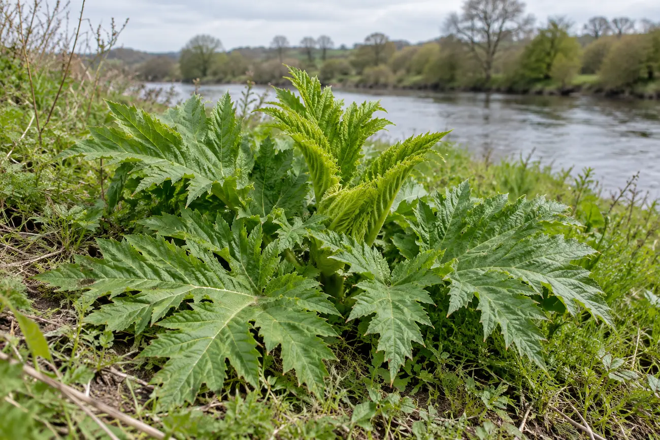 Large burdock-like plant with jagged, deeply lobed leaves growing along a riverbank.